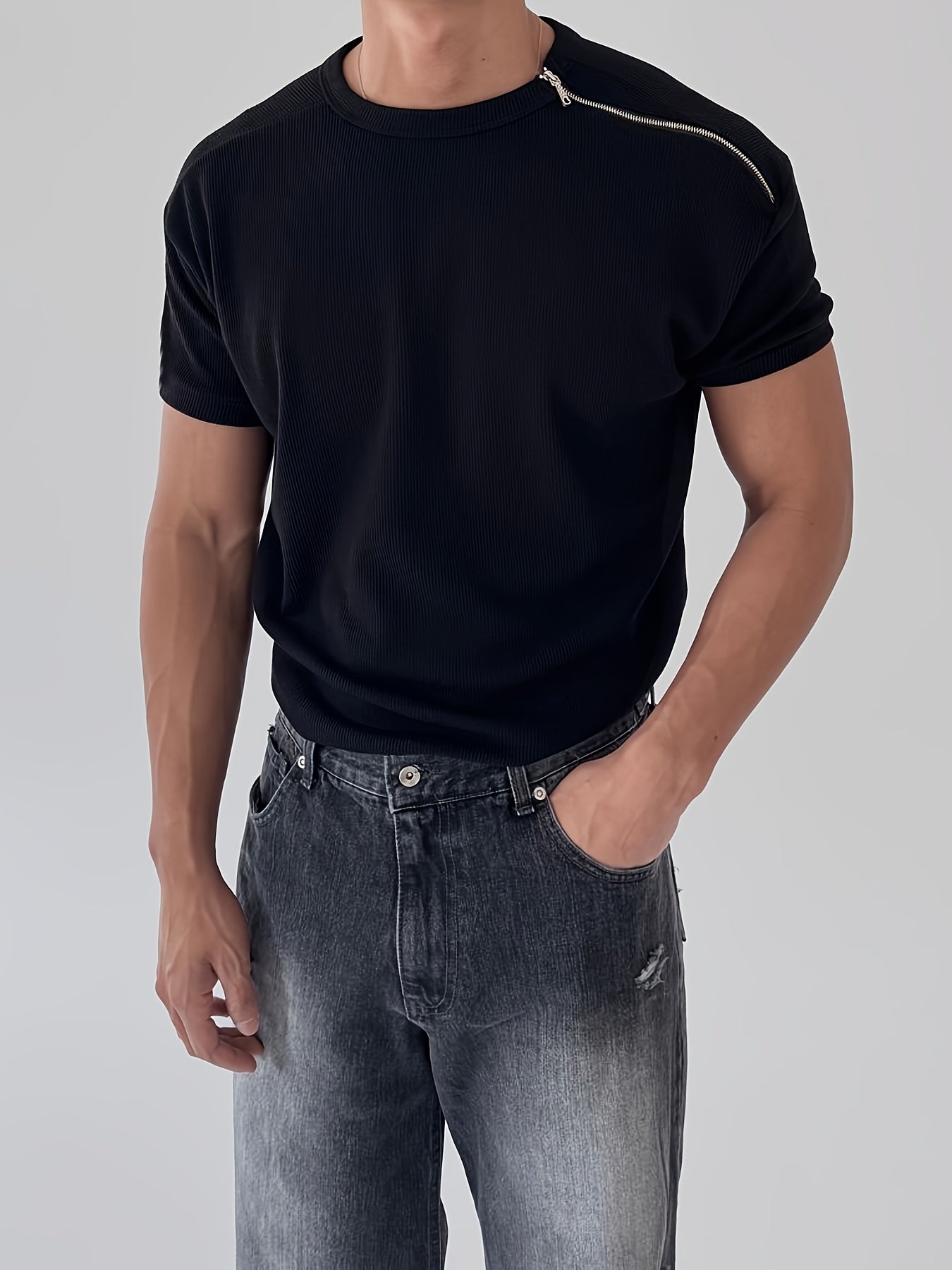 Men'S Slim-Fit Breathable Zip-Up T-Shirt - Stretchy Ribbed Fabric, Solid Color White,Everyday Wear