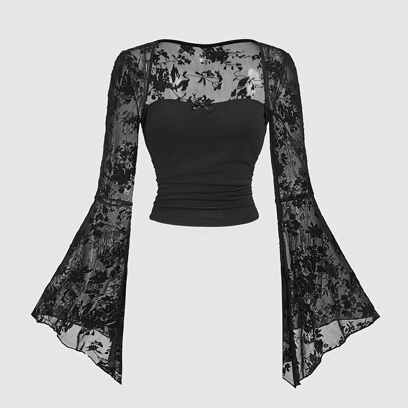 Women'S Black Bell-Sleeve T-Shirt with Lace And Bow Design