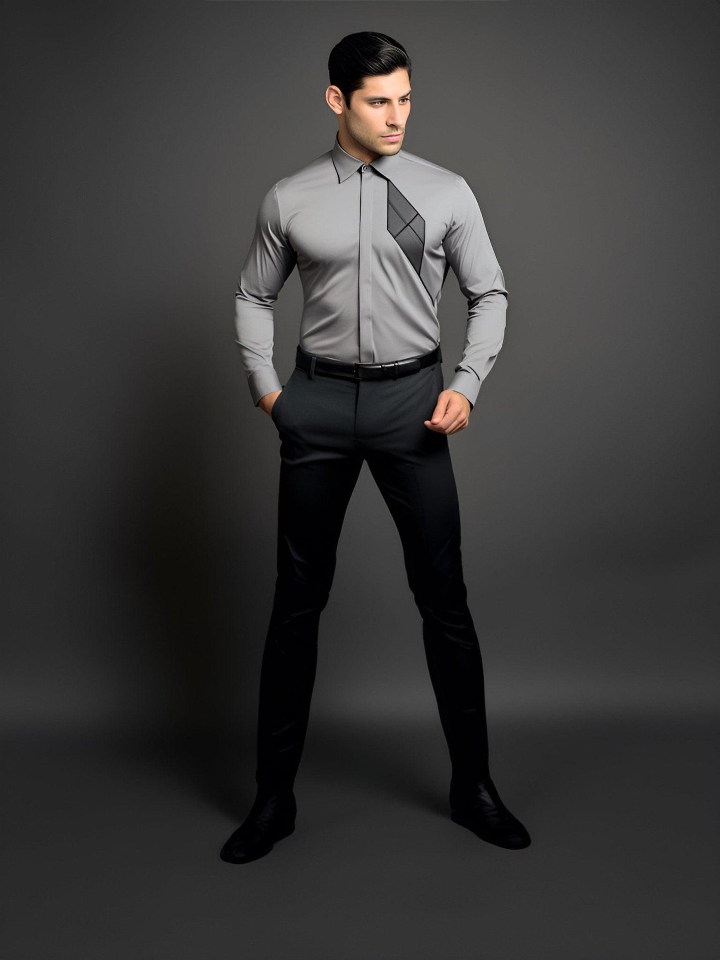 Colourblocked Semi Formal Grey Shirt