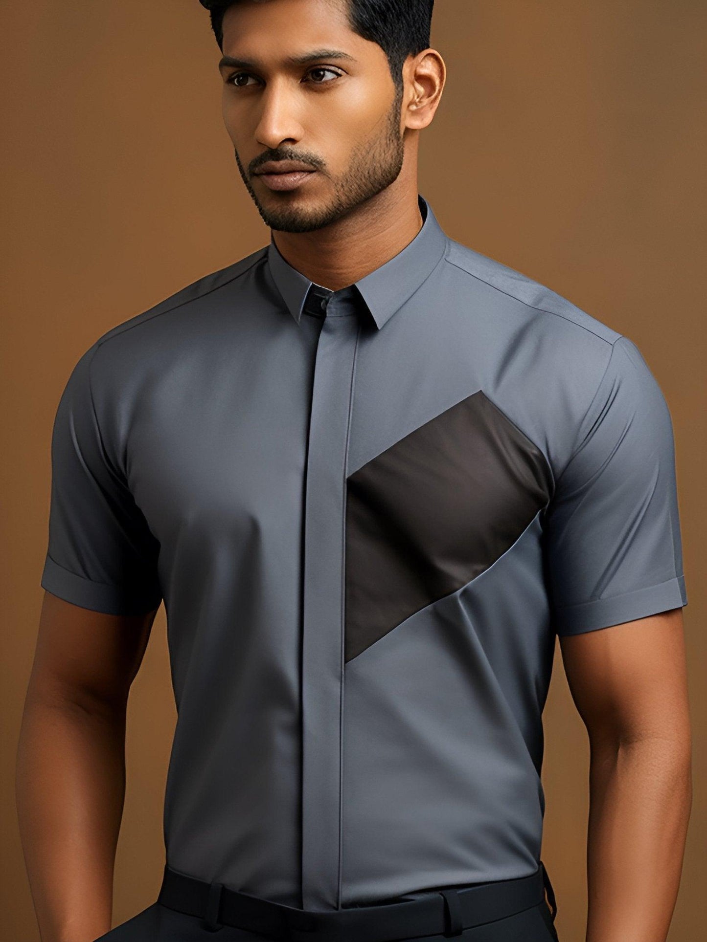 Colourblocked Semi Formal Grey Shirt