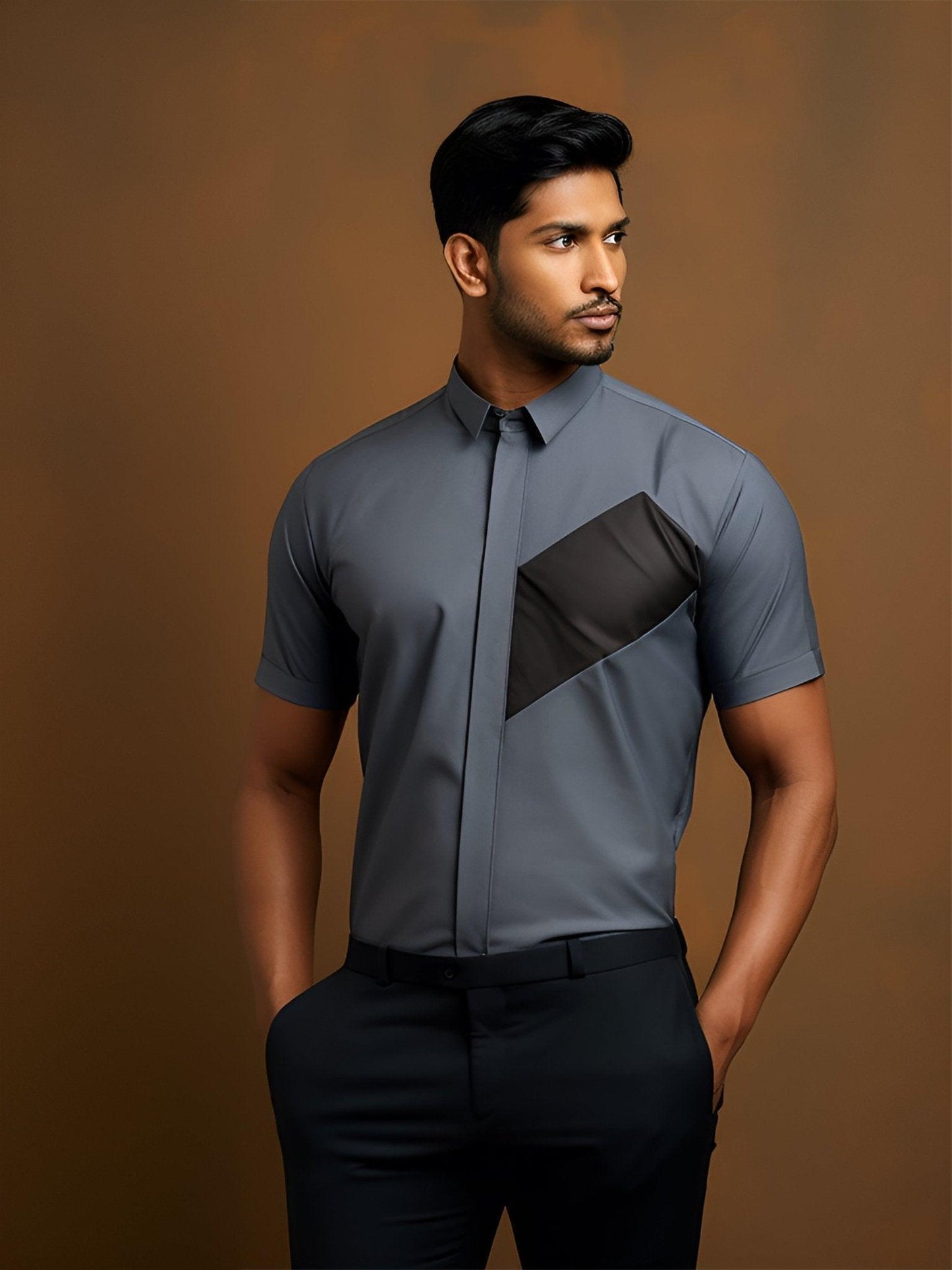 Colourblocked Semi Formal Grey Shirt