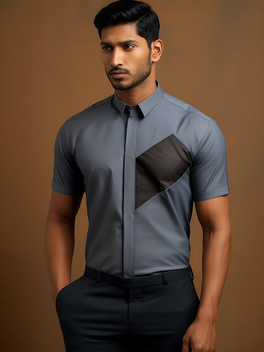 Colourblocked Semi Formal Grey Shirt