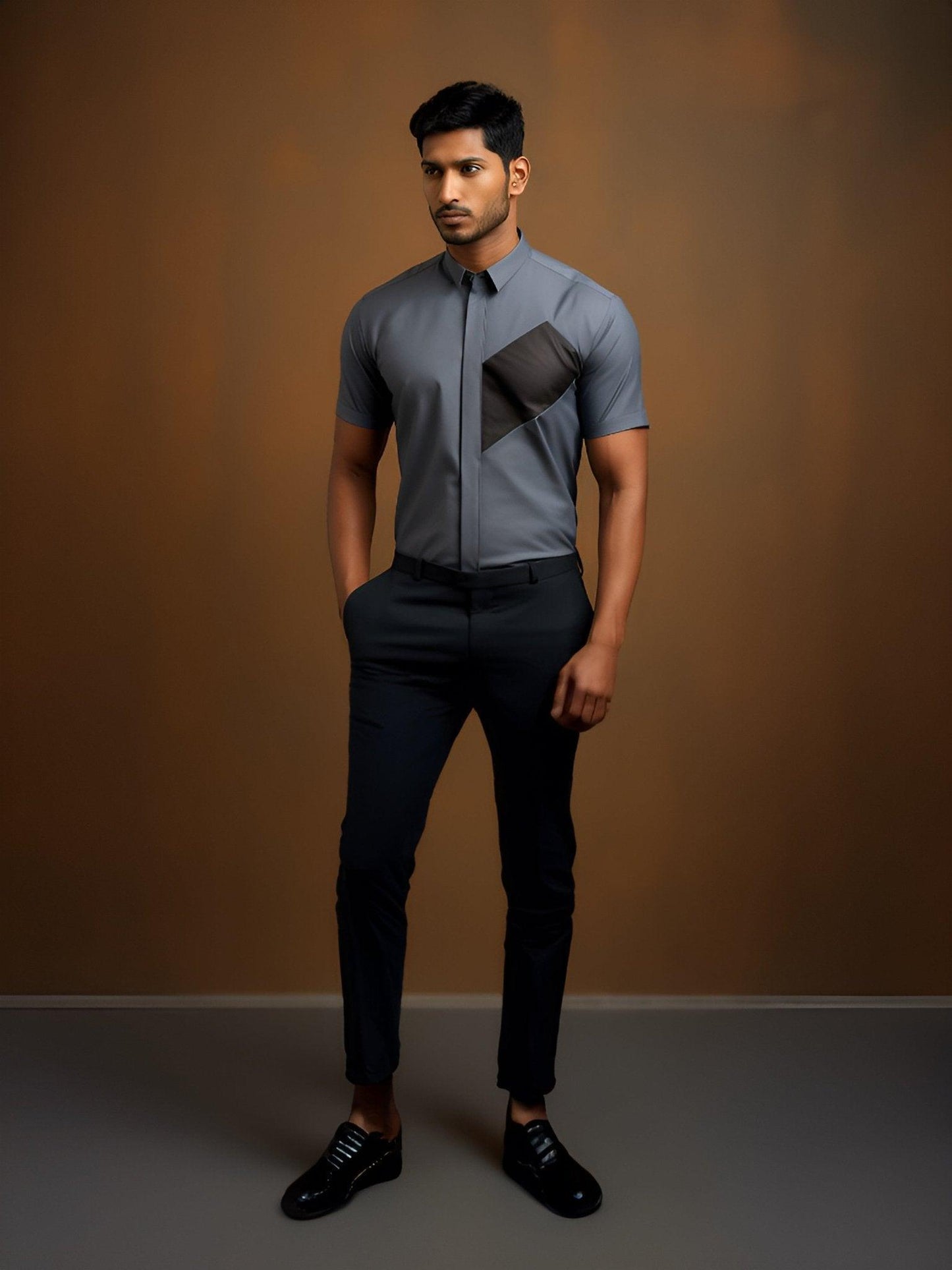 Colourblocked Semi Formal Grey Shirt