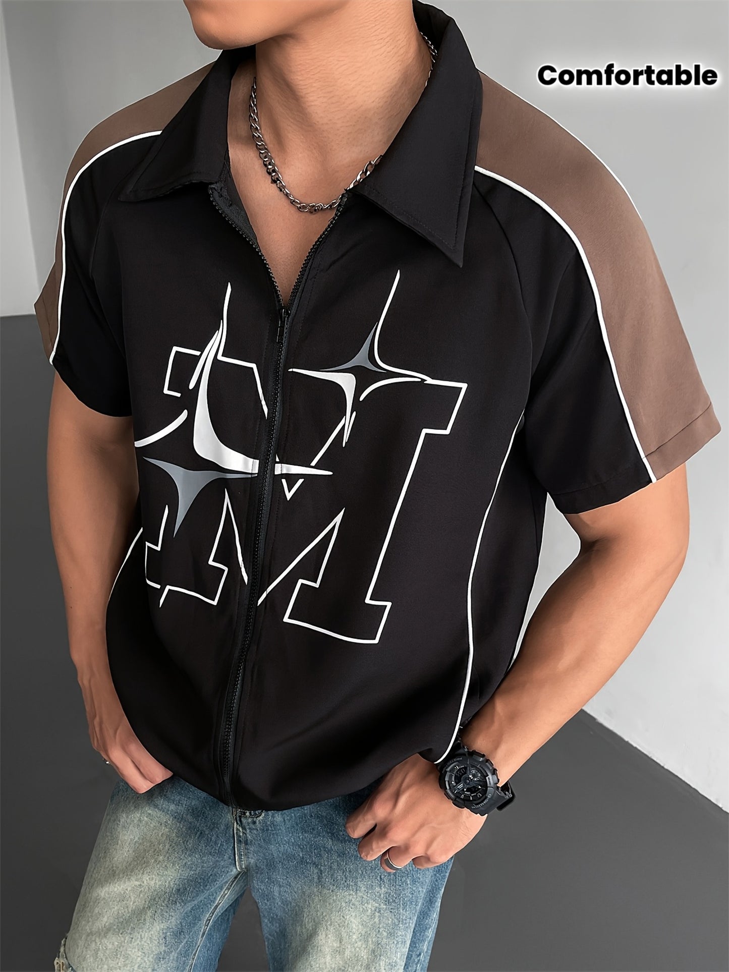 Fashionable Men'S Short-Sleeve Zip-Up Shirt