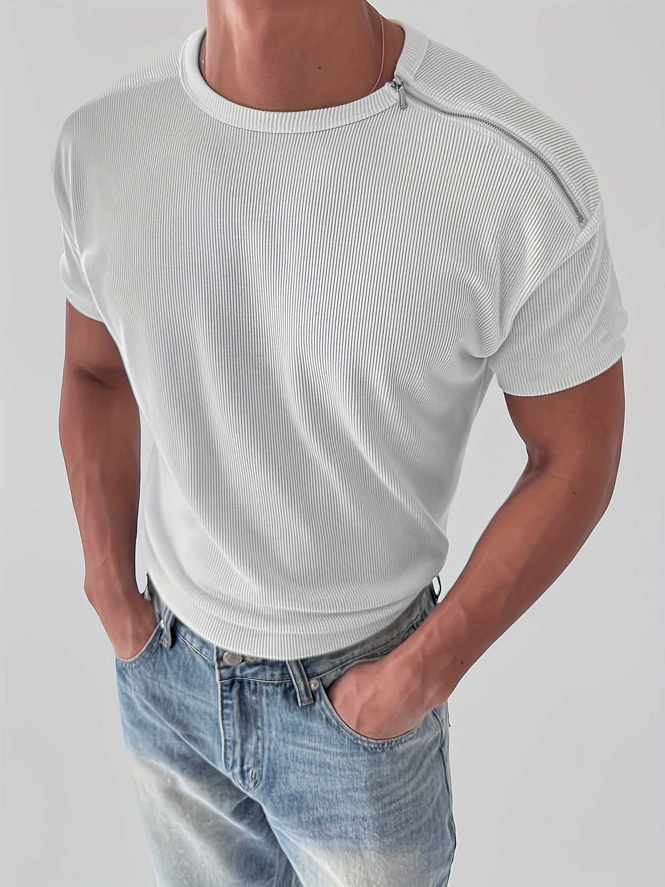 Men'S Slim-Fit Breathable Zip-Up T-Shirt - Stretchy Ribbed Fabric, Solid Color White,Everyday Wear
