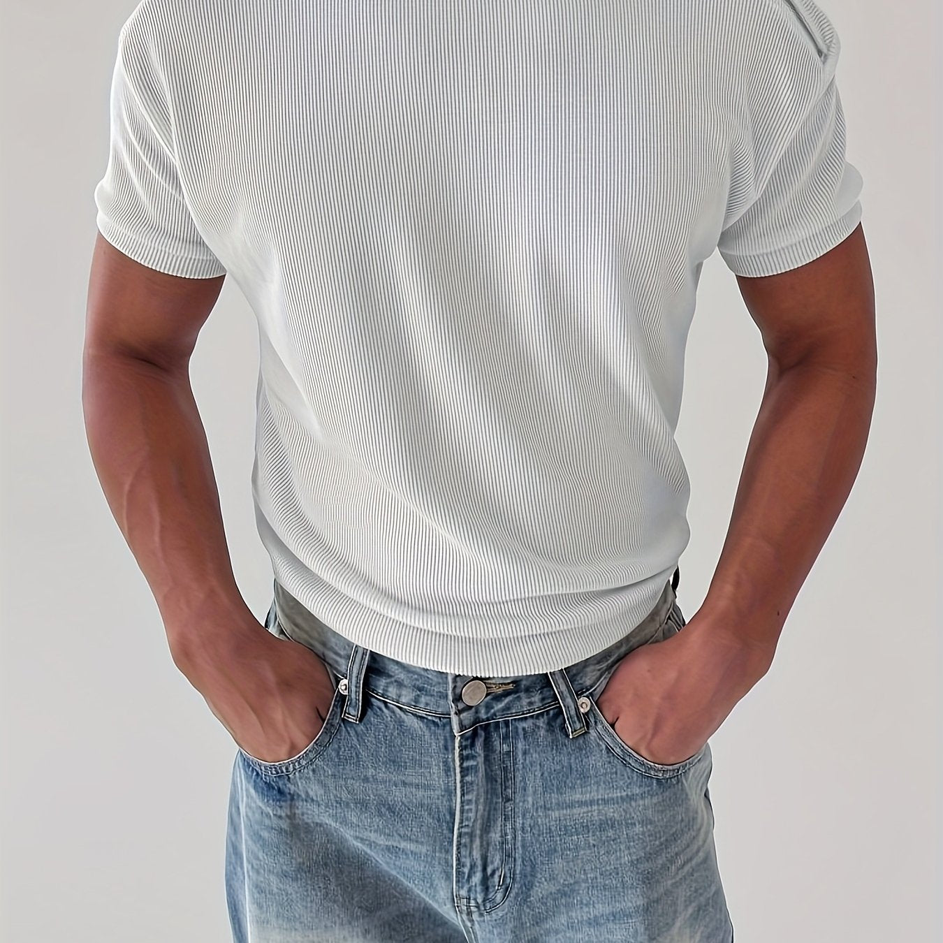 Men'S Slim-Fit Breathable Zip-Up T-Shirt - Stretchy Ribbed Fabric, Solid Color White,Everyday Wear