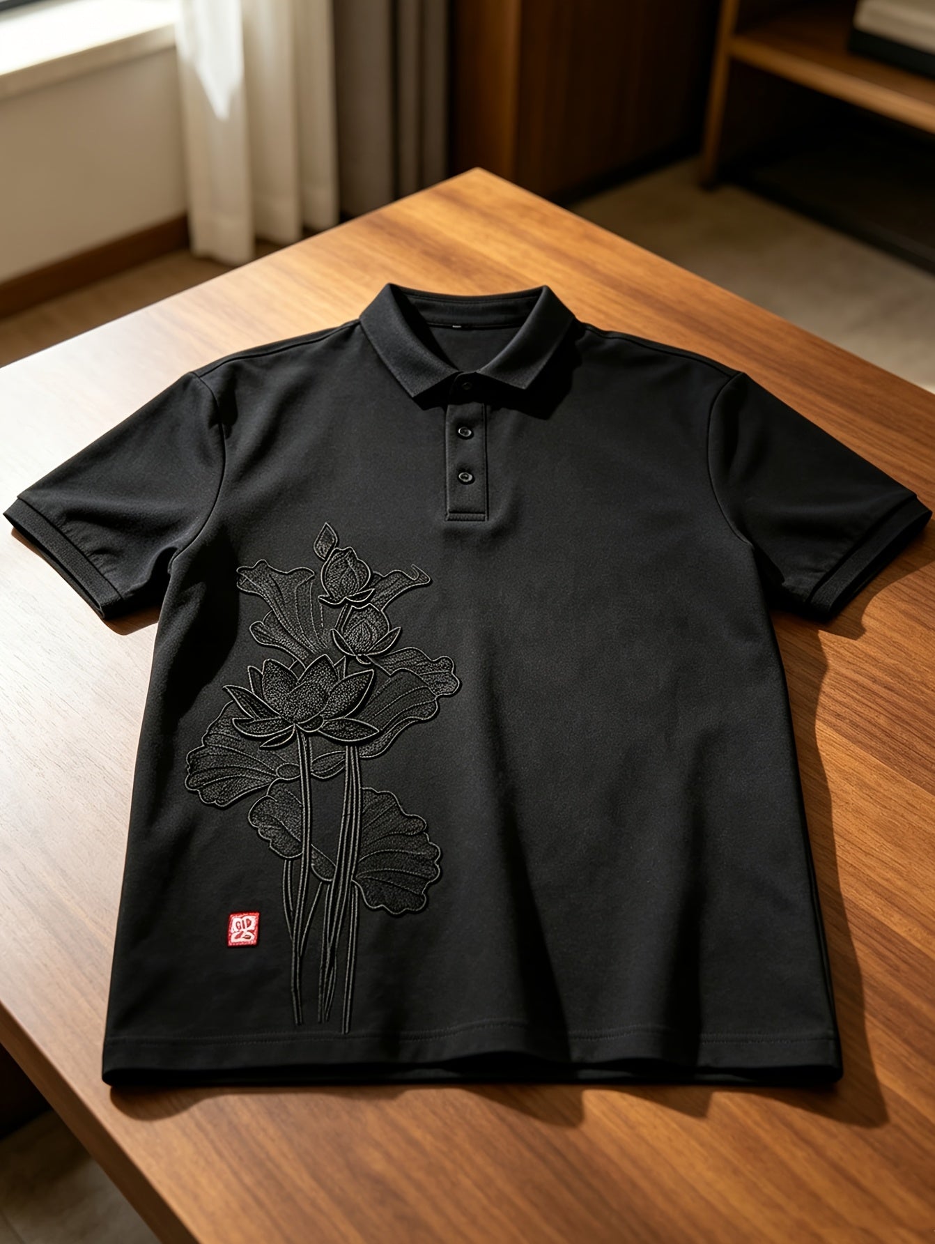 Lotus Embroidery, Lapel Collar, Simple, Stylish, Handsome, Trendy, Slim-Fit Top