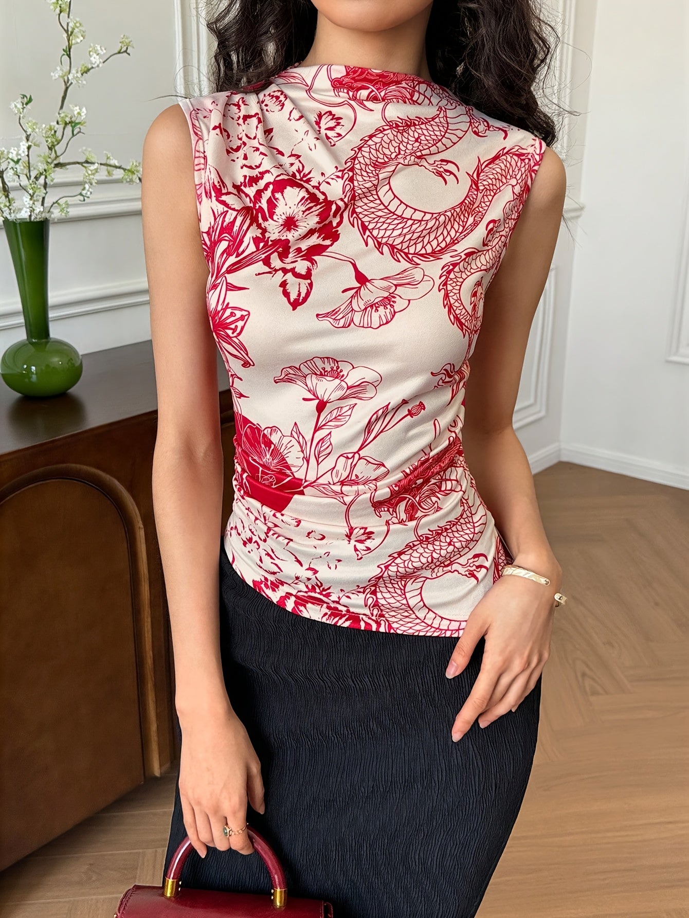 Full-length Ethnic Print Half-high Collar Sleeveless