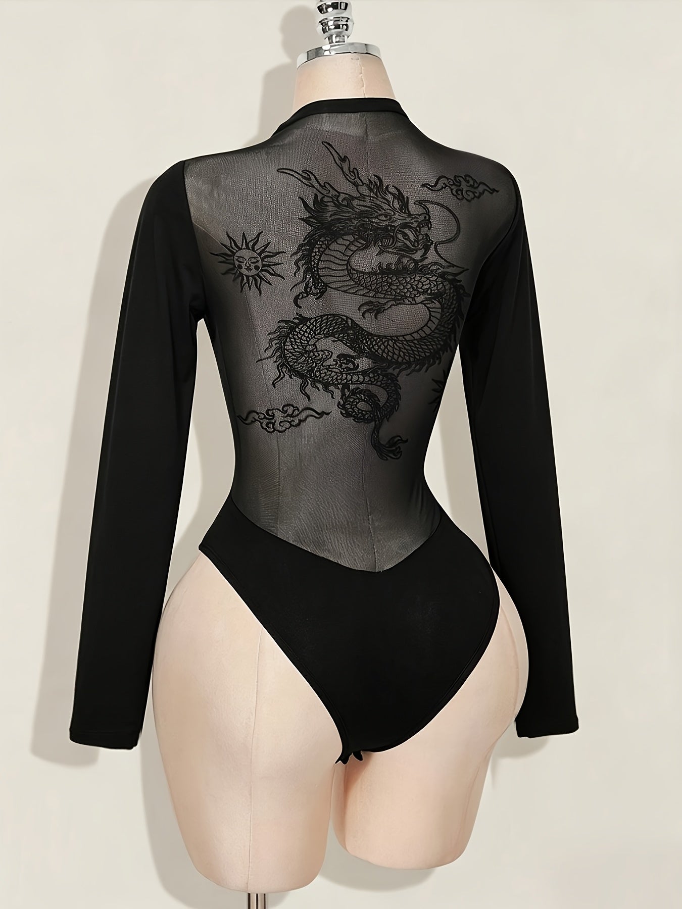 Back Print Bodysuit with Patchwork Mesh Design