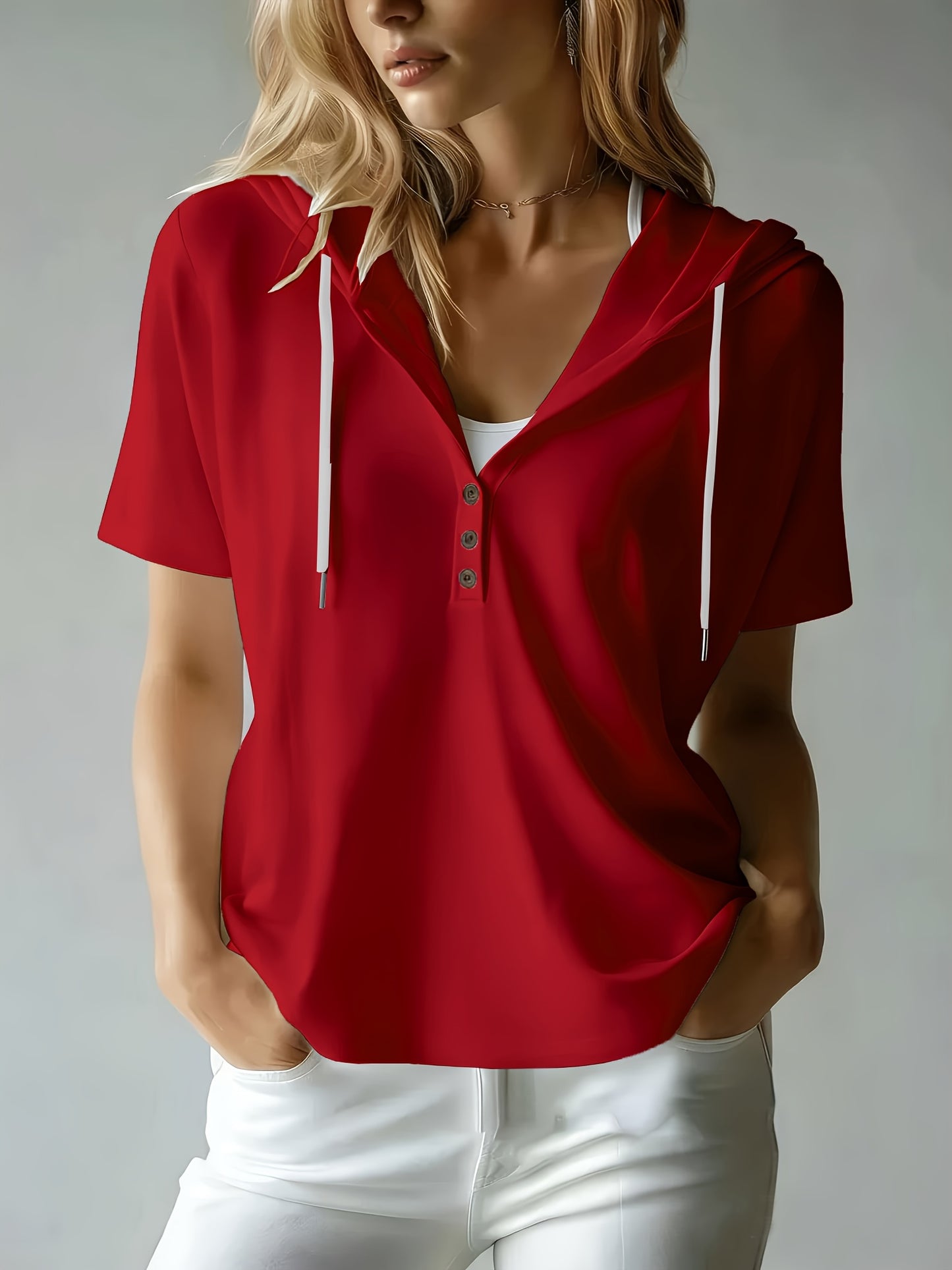 Women's Summer Short Sleeve Hooded T-Shirt Top - Loose Fit