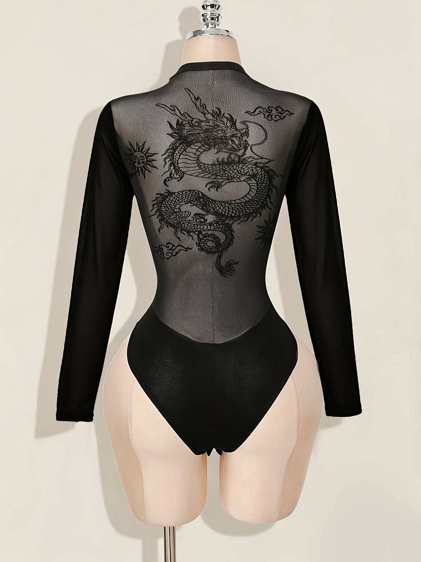 Women's Bodysuit with Patchwork Mesh Design, Back Print, Essential for Dates and Daily Wear