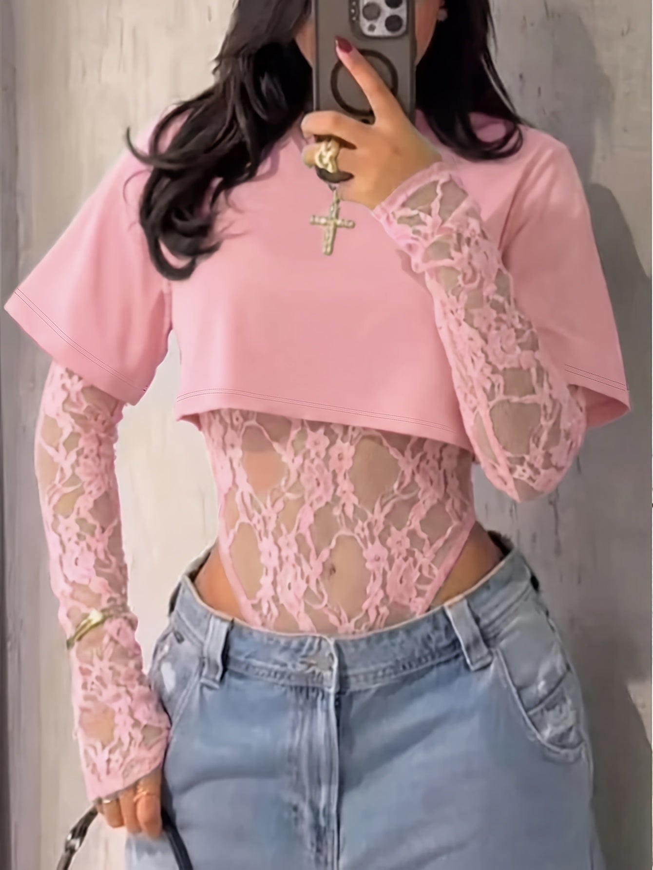 legant Lace Panel Long Sleeve Bodysuit Top for Women