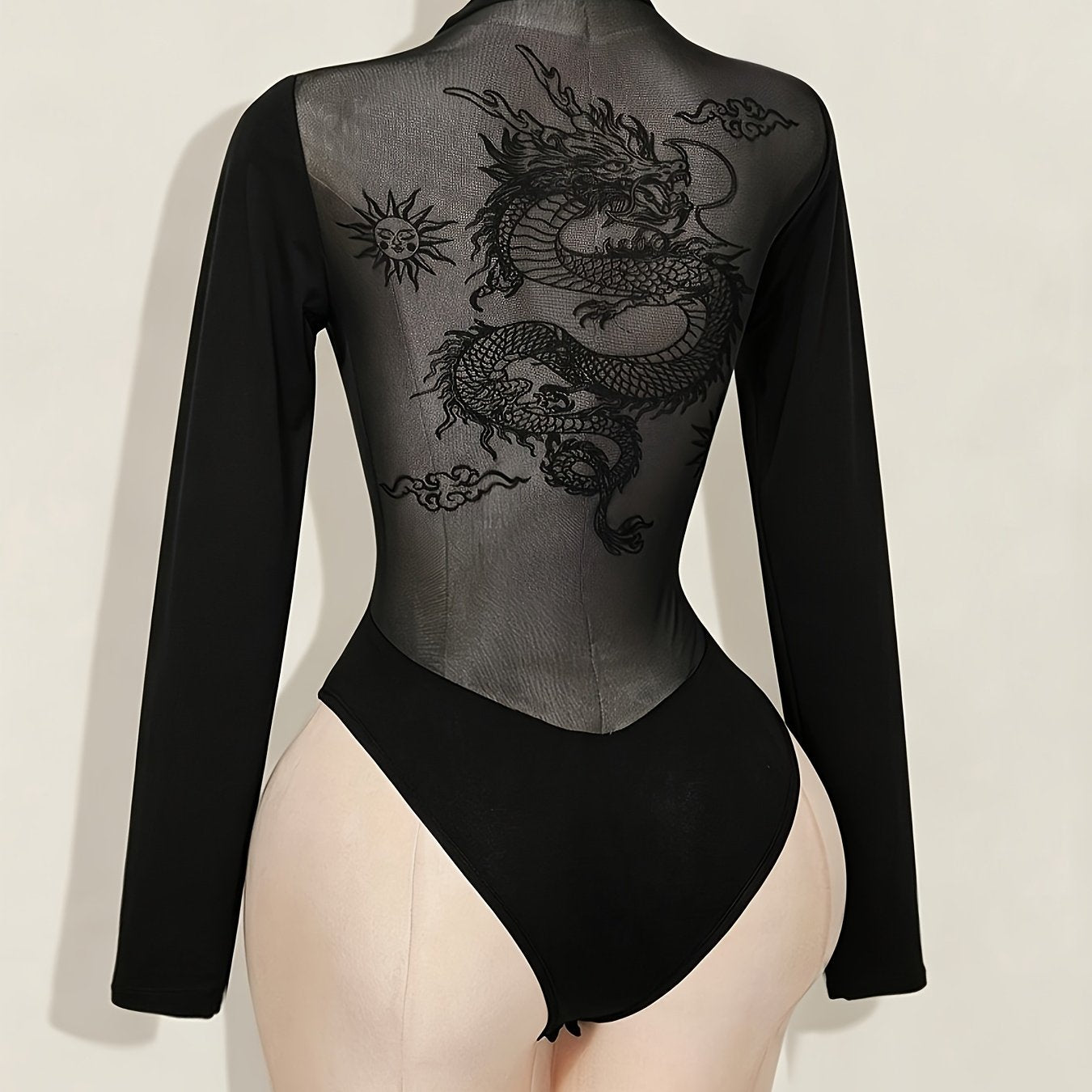 Women's Bodysuit with Patchwork Mesh Design, Back Print, Essential for Dates and Daily Wear