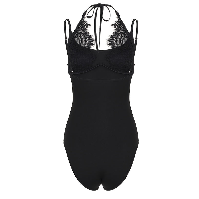 Basic 2-in-1 Look Lace Patchwork Solid Color Slim-Fit Versatile Halter Neck Women's Bodysuit
