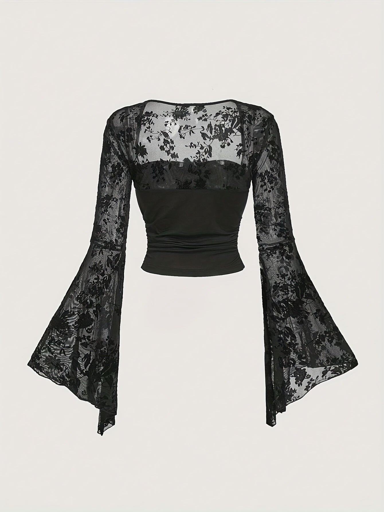 Women'S Black Bell-Sleeve T-Shirt with Lace And Bow Design
