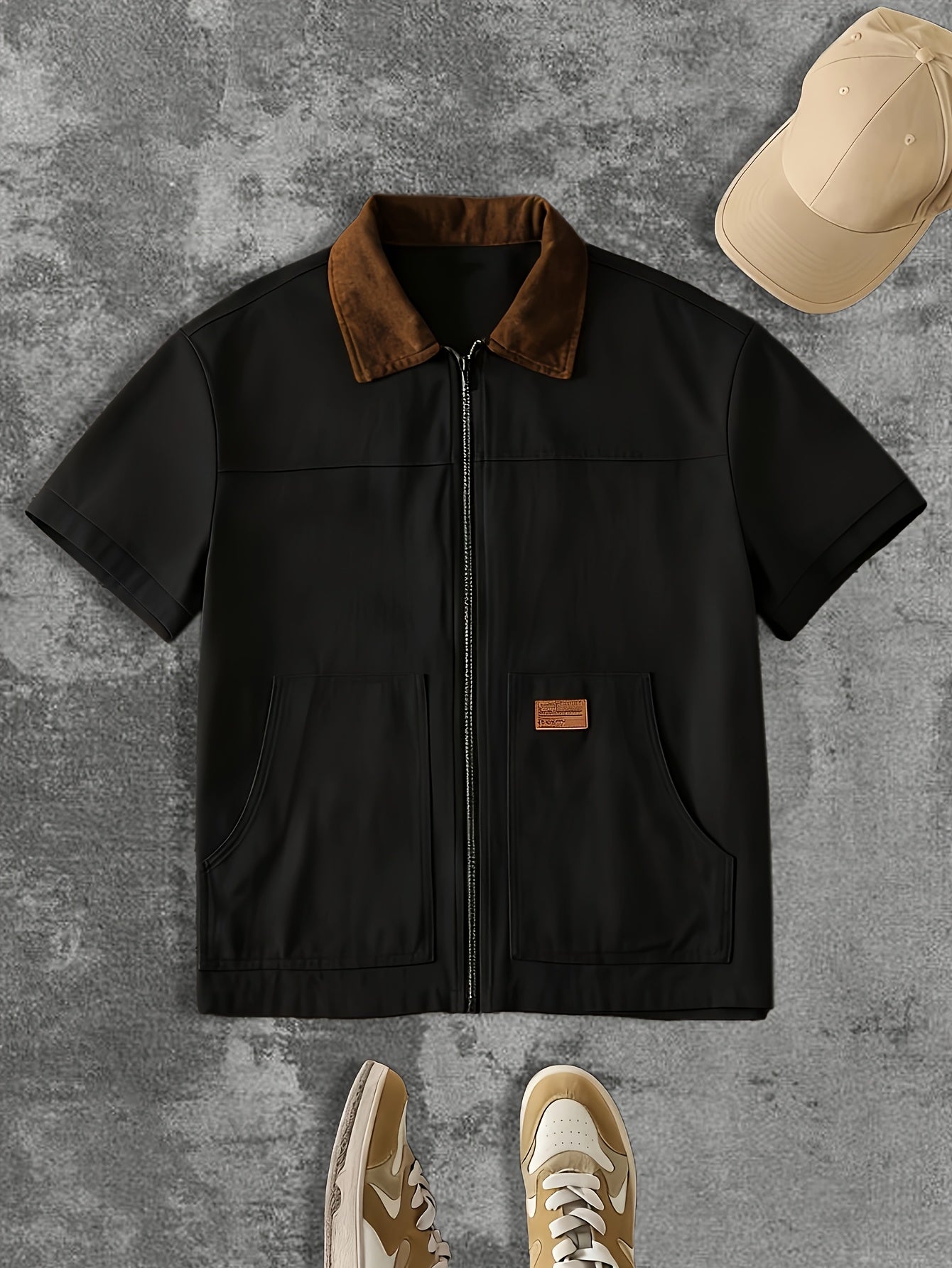 Men's Color-Block Patchwork Full-Zip Jacket with Large Pockets and English Letter Patch